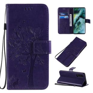 For OPPO Find X2 Tree & Cat Pattern Pressed Printing Horizontal Flip PU Leather Case with Holder & Card Slots & Wallet & Lanyard(Purple)