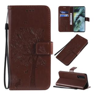For OPPO Find X2 Tree & Cat Pattern Pressed Printing Horizontal Flip PU Leather Case with Holder & Card Slots & Wallet & Lanyard(Brown)