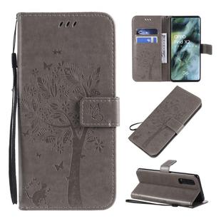 For OPPO Find X2 Tree & Cat Pattern Pressed Printing Horizontal Flip PU Leather Case with Holder & Card Slots & Wallet & Lanyard(Grey)