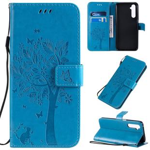 For OPPO Realme 6 Pro Tree & Cat Pattern Pressed Printing Horizontal Flip PU Leather Case with Holder & Card Slots & Wallet & Lanyard(Blue)