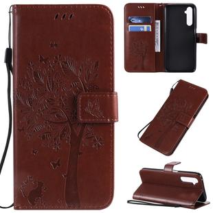 For OPPO Realme 6 Pro Tree & Cat Pattern Pressed Printing Horizontal Flip PU Leather Case with Holder & Card Slots & Wallet & Lanyard(Brown)