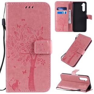 For OPPO Realme 6 Pro Tree & Cat Pattern Pressed Printing Horizontal Flip PU Leather Case with Holder & Card Slots & Wallet & Lanyard(Pink)