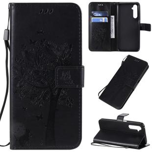 For OPPO Realme 6 Pro Tree & Cat Pattern Pressed Printing Horizontal Flip PU Leather Case with Holder & Card Slots & Wallet & Lanyard(Black)