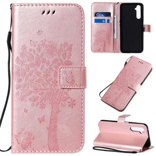 For OPPO Realme 6 Pro Tree & Cat Pattern Pressed Printing Horizontal Flip PU Leather Case with Holder & Card Slots & Wallet & Lanyard(Rose Gold)