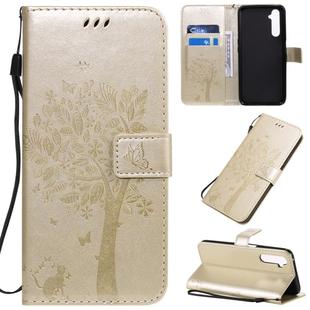 For OPPO Realme 6 Pro Tree & Cat Pattern Pressed Printing Horizontal Flip PU Leather Case with Holder & Card Slots & Wallet & Lanyard(Gold)