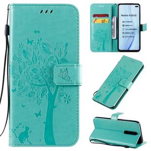 For Xiaomi Redmi K30 Tree & Cat Pattern Pressed Printing Horizontal Flip PU Leather Case with Holder & Card Slots & Wallet & Lanyard(Green)