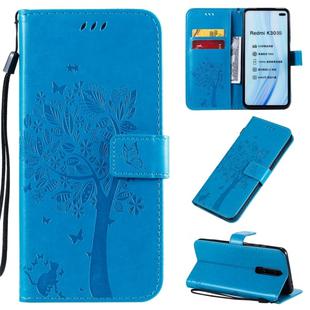 For Xiaomi Redmi K30 Tree & Cat Pattern Pressed Printing Horizontal Flip PU Leather Case with Holder & Card Slots & Wallet & Lanyard(Blue)