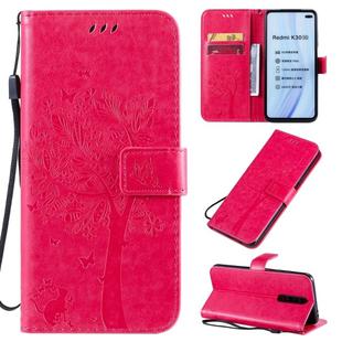 For Xiaomi Redmi K30 Tree & Cat Pattern Pressed Printing Horizontal Flip PU Leather Case with Holder & Card Slots & Wallet & Lanyard(Rose Red)