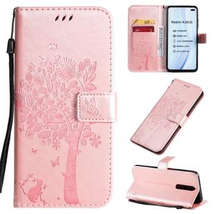 For Xiaomi Redmi K30 Tree & Cat Pattern Pressed Printing Horizontal Flip PU Leather Case with Holder & Card Slots & Wallet & Lanyard(Rose Gold)