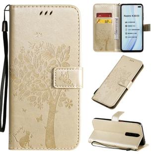 For Xiaomi Redmi K30 Tree & Cat Pattern Pressed Printing Horizontal Flip PU Leather Case with Holder & Card Slots & Wallet & Lanyard(Gold)