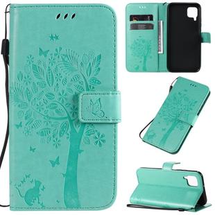 For Huawei P40 Lite / nova 6 SE Tree & Cat Pattern Pressed Printing Horizontal Flip PU Leather Case with Holder & Card Slots & Wallet & Lanyard(Green)