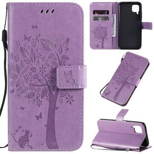 For Huawei P40 Lite / nova 6 SE Tree & Cat Pattern Pressed Printing Horizontal Flip PU Leather Case with Holder & Card Slots & Wallet & Lanyard(Light Purple)