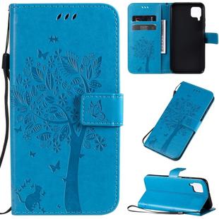 For Huawei P40 Lite / nova 6 SE Tree & Cat Pattern Pressed Printing Horizontal Flip PU Leather Case with Holder & Card Slots & Wallet & Lanyard(Blue)