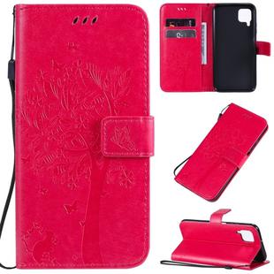 For Huawei P40 Lite / nova 6 SE Tree & Cat Pattern Pressed Printing Horizontal Flip PU Leather Case with Holder & Card Slots & Wallet & Lanyard(Rose Red)