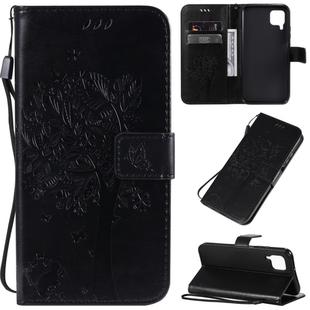 For Huawei P40 Lite / nova 6 SE Tree & Cat Pattern Pressed Printing Horizontal Flip PU Leather Case with Holder & Card Slots & Wallet & Lanyard(Black)