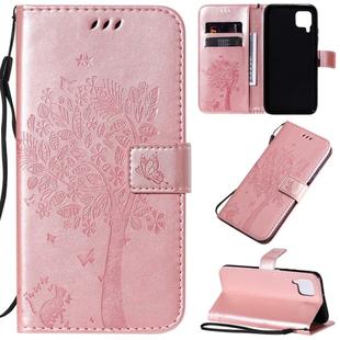 For Huawei P40 Lite / nova 6 SE Tree & Cat Pattern Pressed Printing Horizontal Flip PU Leather Case with Holder & Card Slots & Wallet & Lanyard(Rose Gold)