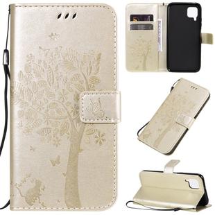 For Huawei P40 Lite / nova 6 SE Tree & Cat Pattern Pressed Printing Horizontal Flip PU Leather Case with Holder & Card Slots & Wallet & Lanyard(Gold)