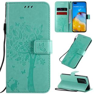 For Huawei P40 Pro Tree & Cat Pattern Pressed Printing Horizontal Flip PU Leather Case with Holder & Card Slots & Wallet & Lanyard(Green)
