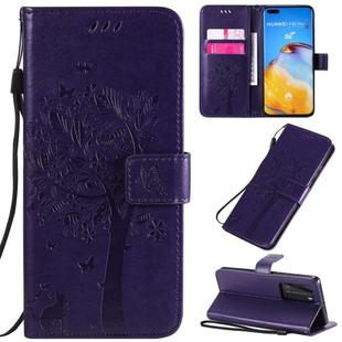For Huawei P40 Pro Tree & Cat Pattern Pressed Printing Horizontal Flip PU Leather Case with Holder & Card Slots & Wallet & Lanyard(Purple)