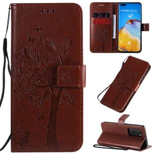 For Huawei P40 Pro Tree & Cat Pattern Pressed Printing Horizontal Flip PU Leather Case with Holder & Card Slots & Wallet & Lanyard(Brown)