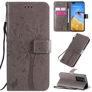 For Huawei P40 Pro Tree & Cat Pattern Pressed Printing Horizontal Flip PU Leather Case with Holder & Card Slots & Wallet & Lanyard(Grey)