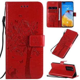 For Huawei P40 Pro Tree & Cat Pattern Pressed Printing Horizontal Flip PU Leather Case with Holder & Card Slots & Wallet & Lanyard(Red)