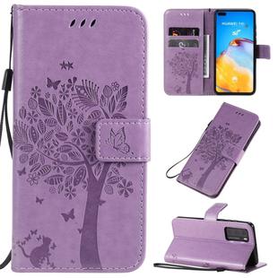 For Huawei P40 Tree & Cat Pattern Pressed Printing Horizontal Flip PU Leather Case with Holder & Card Slots & Wallet & Lanyard(Light Purple)