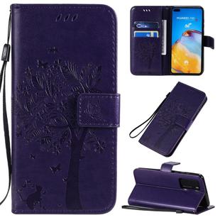 For Huawei P40 Tree & Cat Pattern Pressed Printing Horizontal Flip PU Leather Case with Holder & Card Slots & Wallet & Lanyard(Purple)
