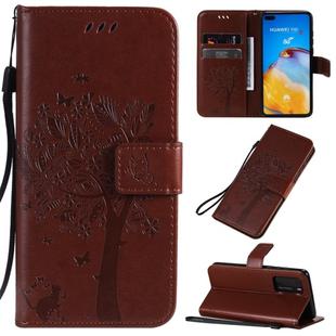 For Huawei P40 Tree & Cat Pattern Pressed Printing Horizontal Flip PU Leather Case with Holder & Card Slots & Wallet & Lanyard(Brown)