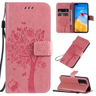 For Huawei P40 Tree & Cat Pattern Pressed Printing Horizontal Flip PU Leather Case with Holder & Card Slots & Wallet & Lanyard(Pink)