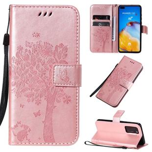 For Huawei P40 Tree & Cat Pattern Pressed Printing Horizontal Flip PU Leather Case with Holder & Card Slots & Wallet & Lanyard(Rose Gold)