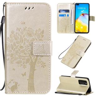 For Huawei P40 Tree & Cat Pattern Pressed Printing Horizontal Flip PU Leather Case with Holder & Card Slots & Wallet & Lanyard(Gold)