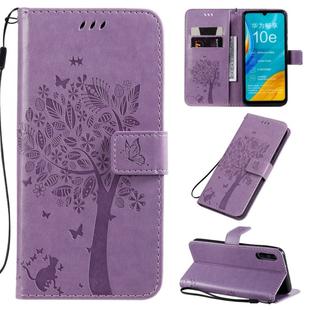 For Huawei Enjoy 10e Tree & Cat Pattern Pressed Printing Horizontal Flip PU Leather Case with Holder & Card Slots & Wallet & Lanyard(Light Purple)