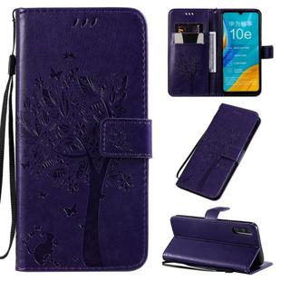 For Huawei Enjoy 10e Tree & Cat Pattern Pressed Printing Horizontal Flip PU Leather Case with Holder & Card Slots & Wallet & Lanyard(Purple)