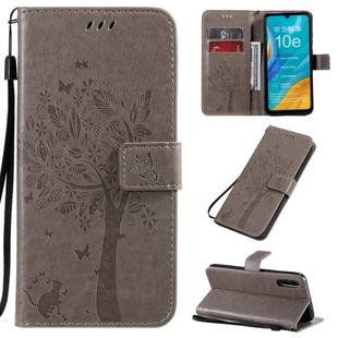 For Huawei Enjoy 10e Tree & Cat Pattern Pressed Printing Horizontal Flip PU Leather Case with Holder & Card Slots & Wallet & Lanyard(Grey)