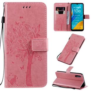 For Huawei Enjoy 10e Tree & Cat Pattern Pressed Printing Horizontal Flip PU Leather Case with Holder & Card Slots & Wallet & Lanyard(Pink)