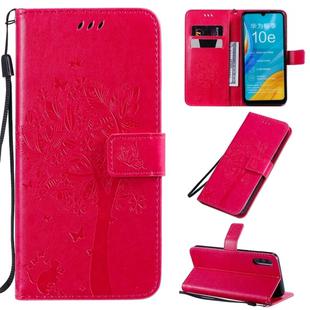 For Huawei Enjoy 10e Tree & Cat Pattern Pressed Printing Horizontal Flip PU Leather Case with Holder & Card Slots & Wallet & Lanyard(Rose Red)