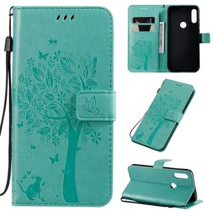 For Motorola Moto E7 Tree & Cat Pattern Pressed Printing Horizontal Flip PU Leather Case with Holder & Card Slots & Wallet & Lanyard(Green)