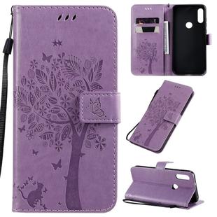 For Motorola Moto E7 Tree & Cat Pattern Pressed Printing Horizontal Flip PU Leather Case with Holder & Card Slots & Wallet & Lanyard(Light Purple)