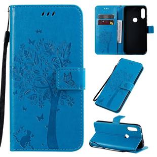 For Motorola Moto E7 Tree & Cat Pattern Pressed Printing Horizontal Flip PU Leather Case with Holder & Card Slots & Wallet & Lanyard(Blue)