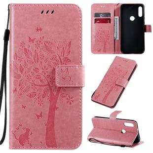 For Motorola Moto E7 Tree & Cat Pattern Pressed Printing Horizontal Flip PU Leather Case with Holder & Card Slots & Wallet & Lanyard(Pink)