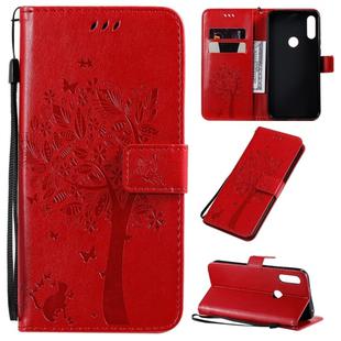 For Motorola Moto E7 Tree & Cat Pattern Pressed Printing Horizontal Flip PU Leather Case with Holder & Card Slots & Wallet & Lanyard(Red)