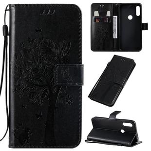 For Motorola Moto E7 Tree & Cat Pattern Pressed Printing Horizontal Flip PU Leather Case with Holder & Card Slots & Wallet & Lanyard(Black)