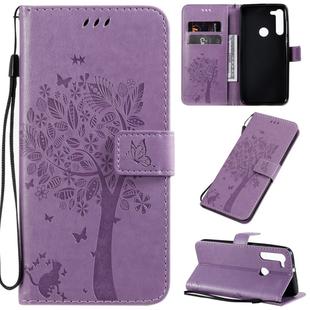 For Motorola Moto G8 Tree & Cat Pattern Pressed Printing Horizontal Flip PU Leather Case with Holder & Card Slots & Wallet & Lanyard(Light Purple)