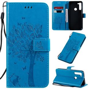 For Motorola Moto G8 Tree & Cat Pattern Pressed Printing Horizontal Flip PU Leather Case with Holder & Card Slots & Wallet & Lanyard(Blue)