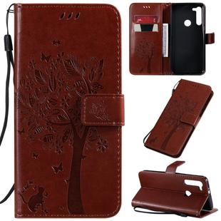 For Motorola Moto G8 Tree & Cat Pattern Pressed Printing Horizontal Flip PU Leather Case with Holder & Card Slots & Wallet & Lanyard(Brown)