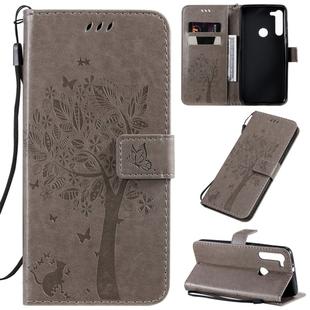 For Motorola Moto G8 Tree & Cat Pattern Pressed Printing Horizontal Flip PU Leather Case with Holder & Card Slots & Wallet & Lanyard(Grey)