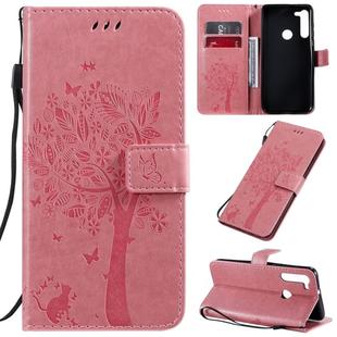 For Motorola Moto G8 Tree & Cat Pattern Pressed Printing Horizontal Flip PU Leather Case with Holder & Card Slots & Wallet & Lanyard(Pink)