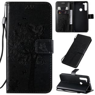 For Motorola Moto G8 Tree & Cat Pattern Pressed Printing Horizontal Flip PU Leather Case with Holder & Card Slots & Wallet & Lanyard(Black)