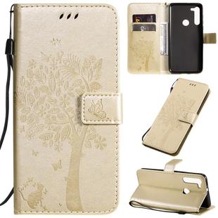 For Motorola Moto G8 Tree & Cat Pattern Pressed Printing Horizontal Flip PU Leather Case with Holder & Card Slots & Wallet & Lanyard(Gold)